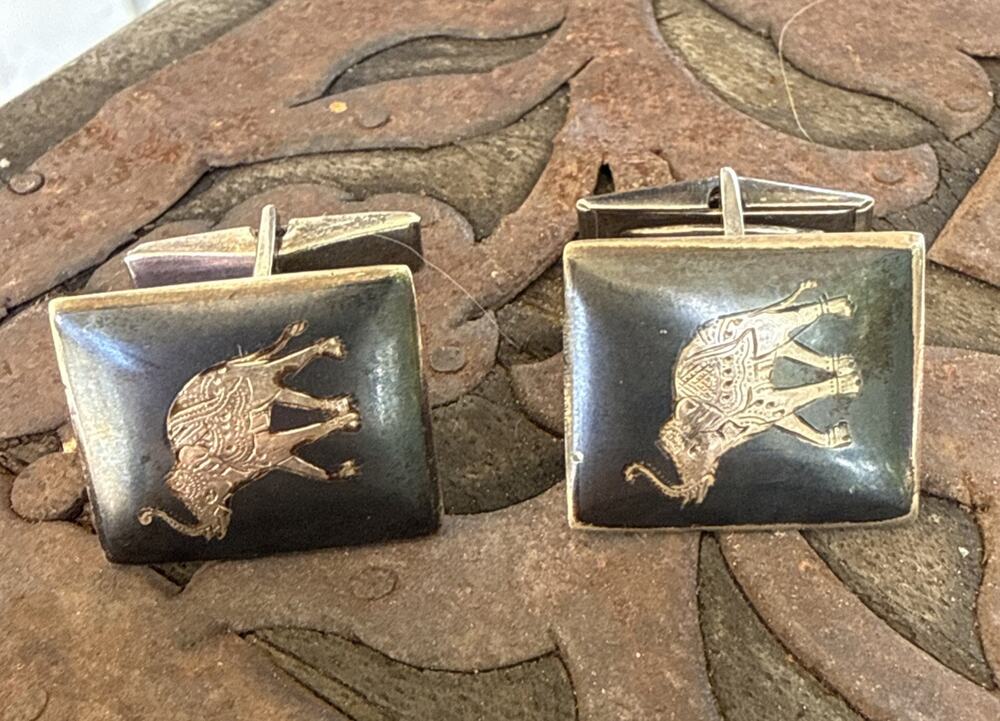 Vintage Siam Sterling Silver Niello Elephant Cufflinks Mid Century Made Siam